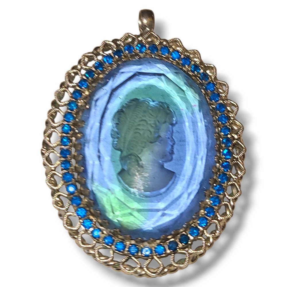 Vintage Warner Signed Blue Green Intaglio Glass Cameo Rhinestone Pendant 2.4 In